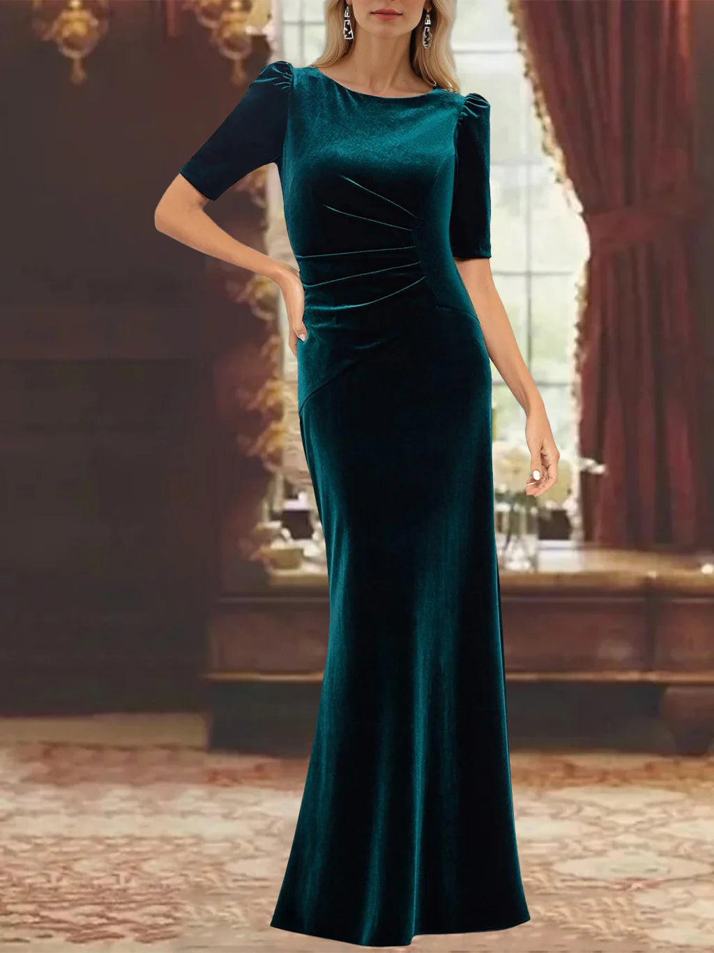 Formal Women's Dresses A-Line/Princess Scoop Half Sleeves Ankle-Length Mother of the Bride Dresses with Ruffles Prom Dresses Stores